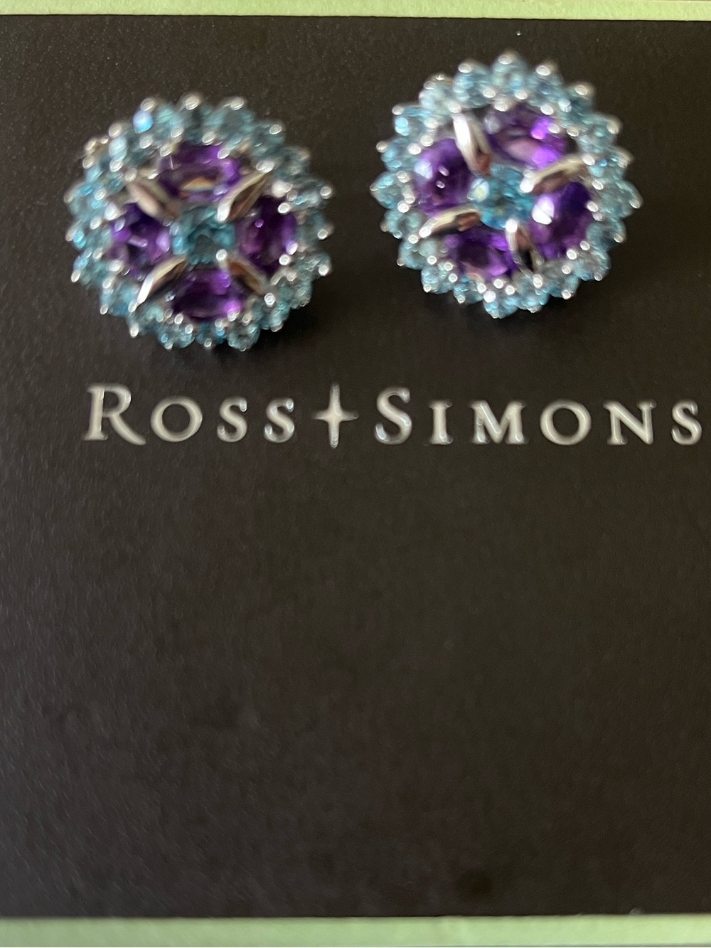 NWOT Rose Simons sterling silver flower earrings blue topaz, amethyst stones